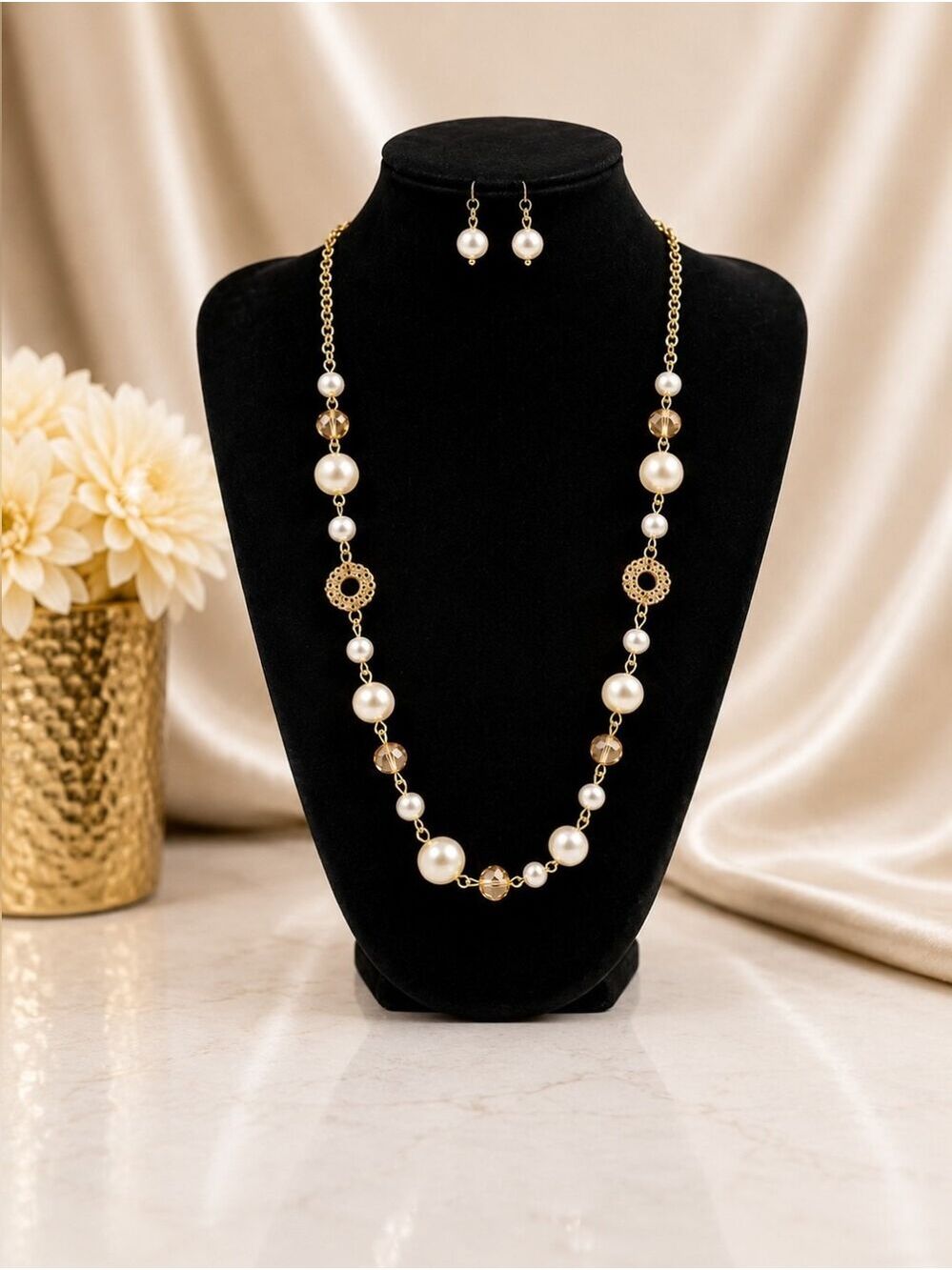 Gold & Pearl Statement Necklace Set | Elegant Faux Pearl Costume Jewelry